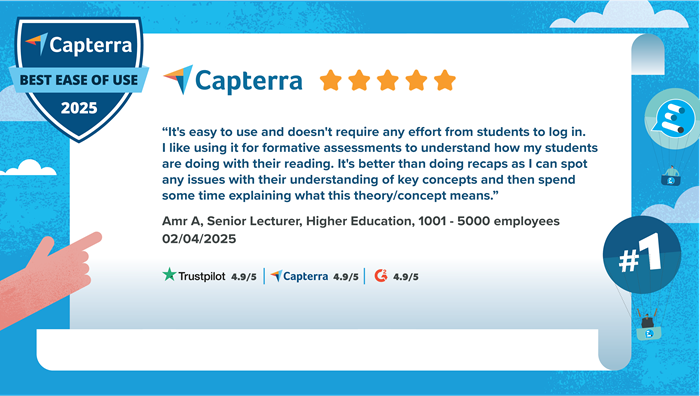 Capterra Best Ease of Use 2025 badge with review quote: 'it's easy to use and doesn't require any effort from students to log in. I like using it for formative assessments to understand how my students are doing with their reading. It's better than doing recaps as I can spot any issues with their understanding of key concepts and then spend some time explaining what this theory/concept means.'
