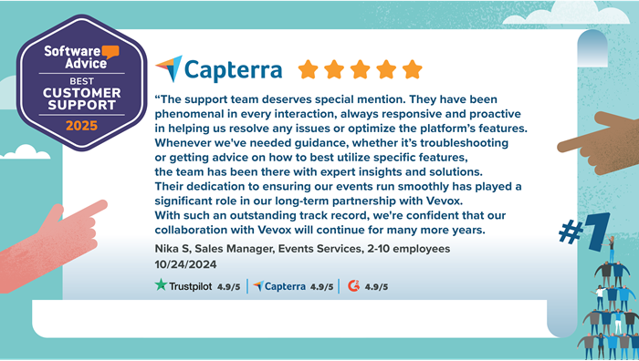 Software Advice 'Best Customer Support' 2025 badge with review quote: The support team deserves special mention. They have been  phenomenal in every interaction, always responsive and proactive  in helping us resolve any issues or optimize the platform’s features.  Whenever we've needed guidance, whether it’s troubleshooting or getting advice on how to best utilize specific features,  the team has been there with expert insights and solutions.  Their dedication to ensuring our events run smoothly has played a  significant role in our long-term partnership with Vevox.  With such an outstanding track record, we're confident that our  collaboration with Vevox will continue for many more years